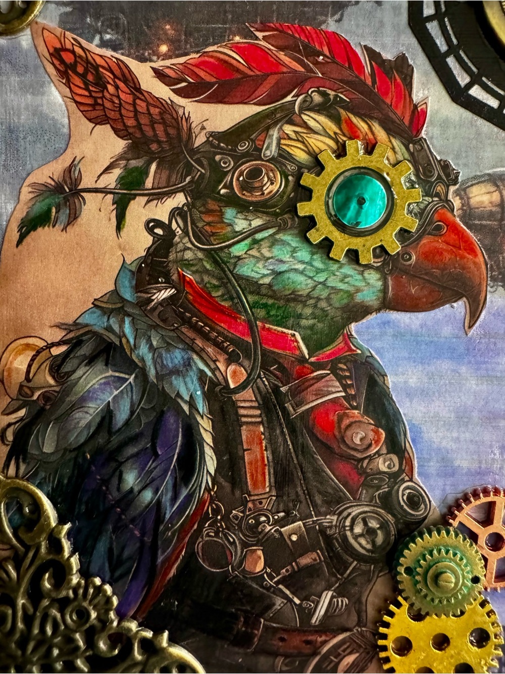 Steampunk wood cigar box mixed media Aviary Art with Brass Accents 8.5”x 7.5”x2” - Picture 2 of 9